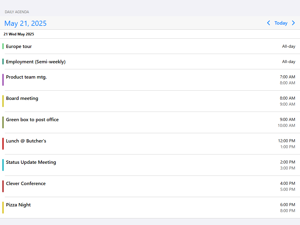 Mobiscroll Agenda Customize the range Event listing for day, week, month and year. Navigate with arrows and display single and multi-day events.