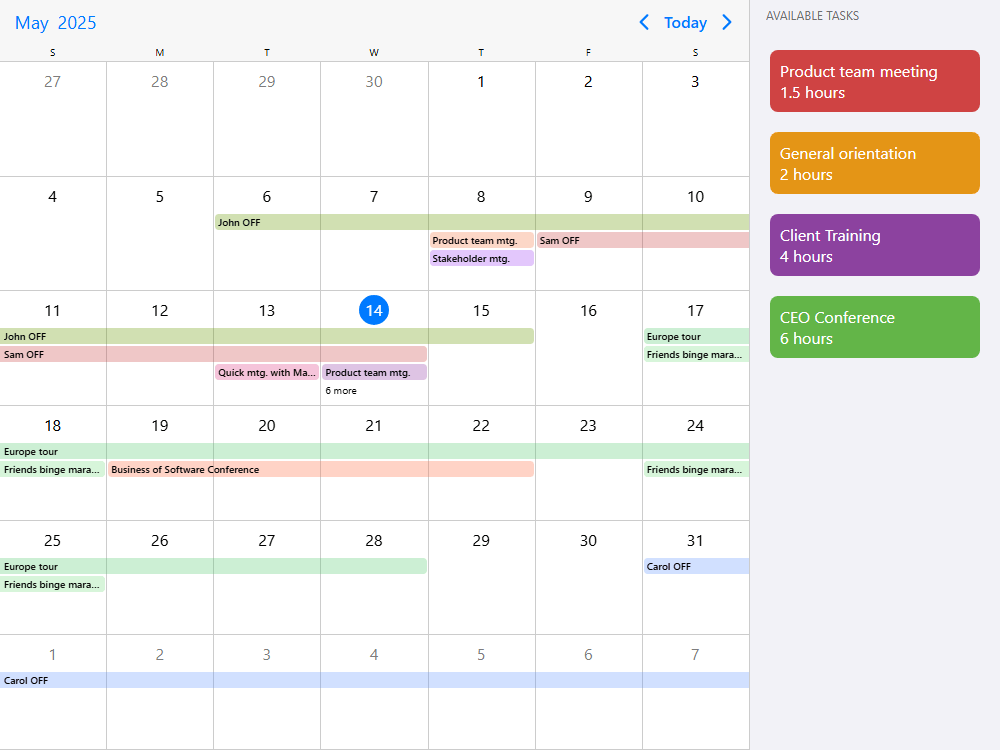 Calendar with external drag-drop events. Schedule events by dropping events onto the calendar and unschedule by dragging them out.