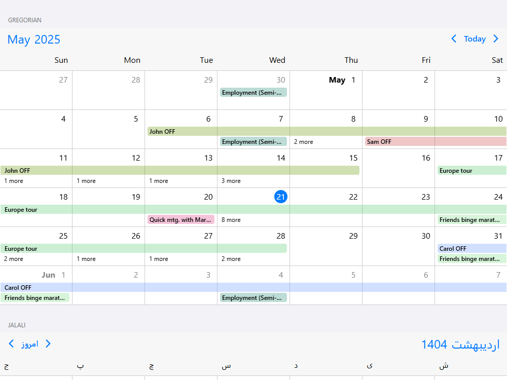 Mobiscroll Calendar Calendar systems Event calendar with Gregorian, Hijri and Jalali system supporting different language and culture settings.