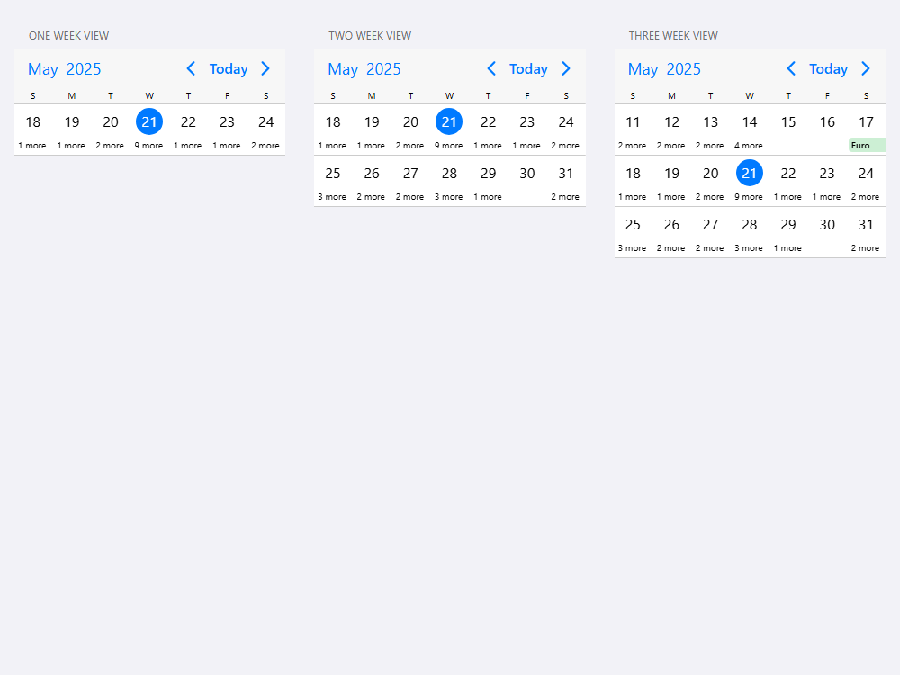 Mobiscroll Calendar Month or week view Event calendar for one, two and three weeks. Control the range displayed & number of weeks in calendar view.