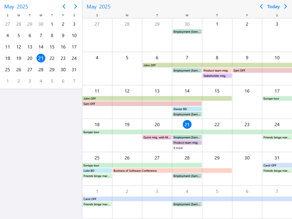 Event calendar with small date picker used for navigation. Render the two components side-by-side.