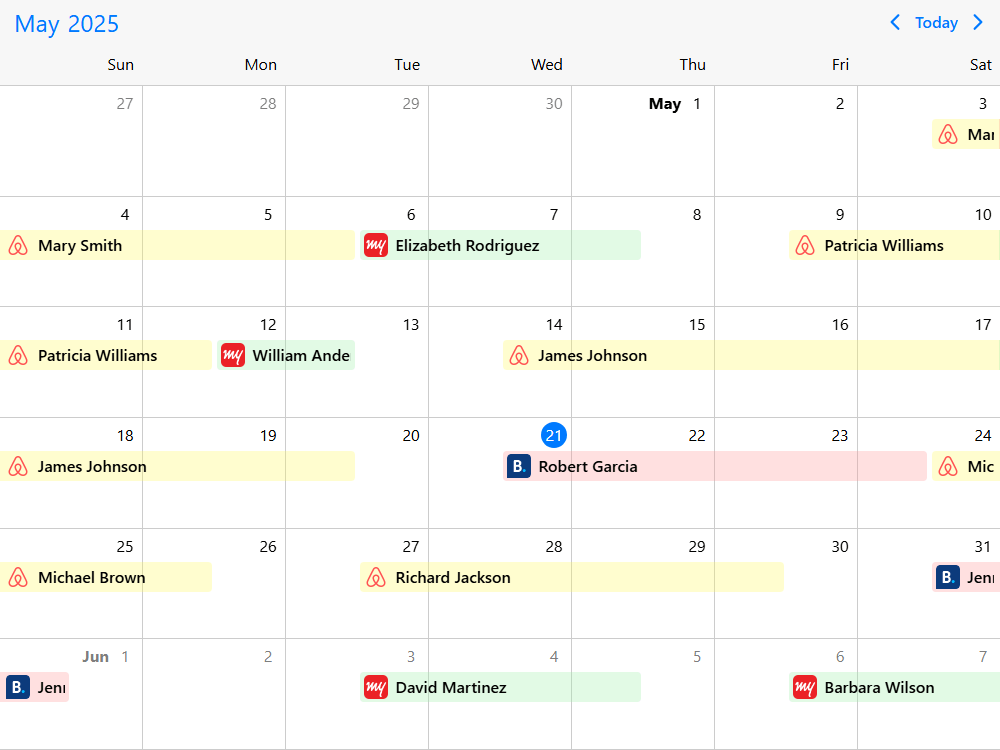 Mobiscroll Calendar Reservation calendar Event calendar for viewing accommodation bookings from different sources, starting and ending midday, rendered with exact time positioning.