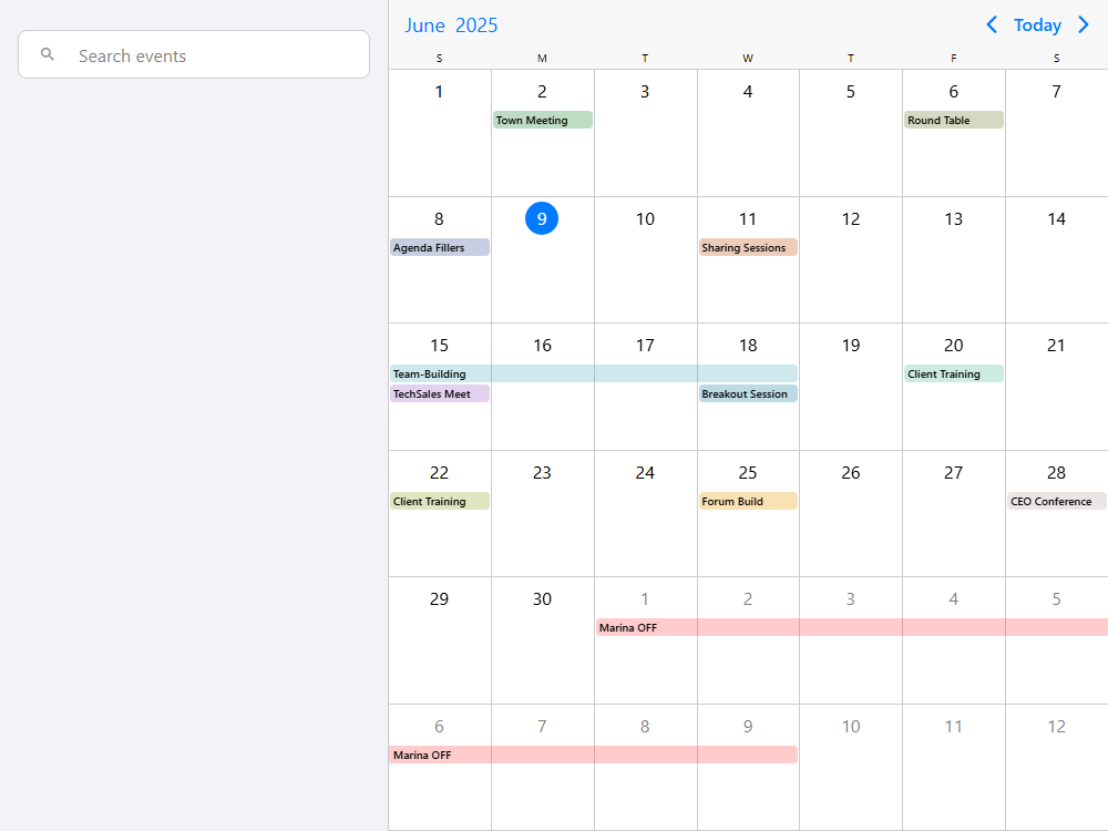 Event calendar with side-by-side search box, event listing and advanced customization using a two pane layout.