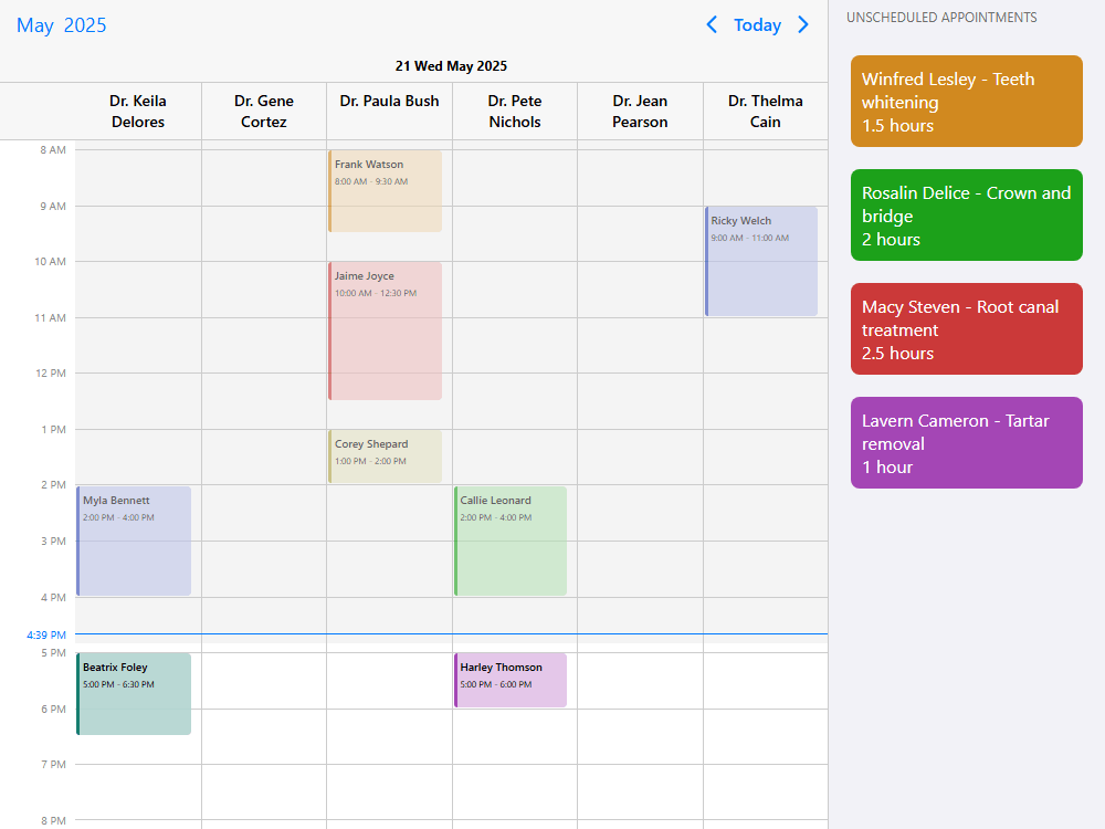 Mobiscroll Scheduler Doctor’s appointment Doctor’s appointment scheduling calendar for multiple resources with scheduling & unscheduling.