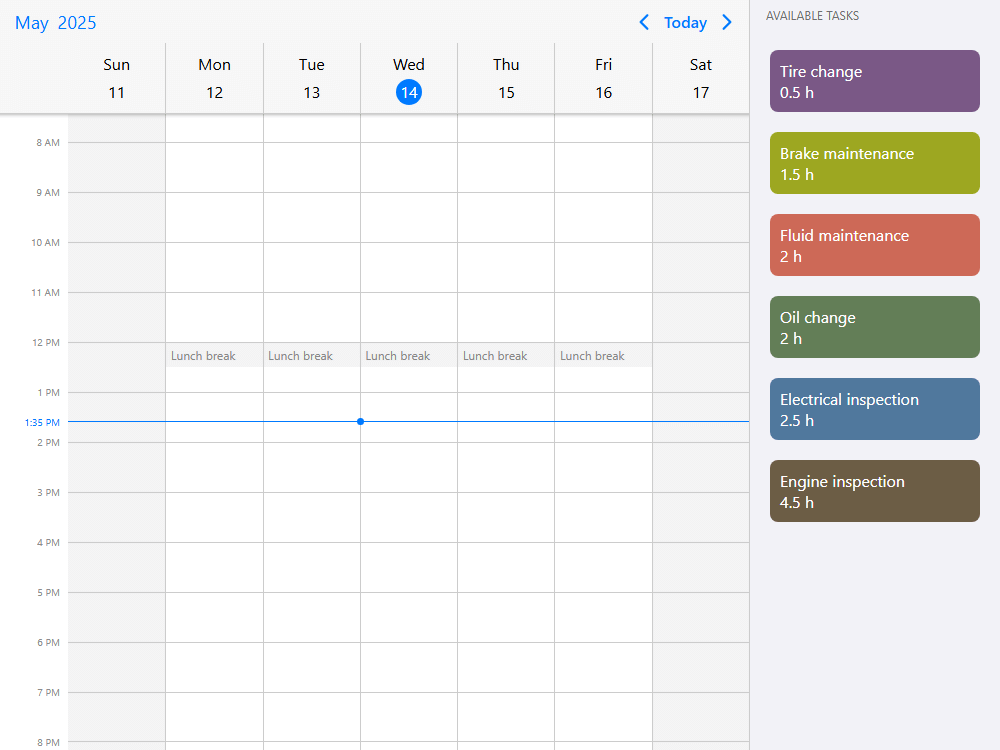 Mobiscroll Scheduler External d&d presets Scheduler with external preset tasks. Create events by dropping predefined jobs onto the scheduler.