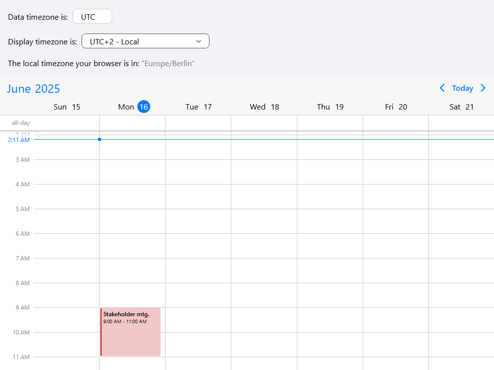 Mobiscroll Scheduler Timezones Scheduler with data and display timezone. Set a timezone the data is in and display events in any timezone.