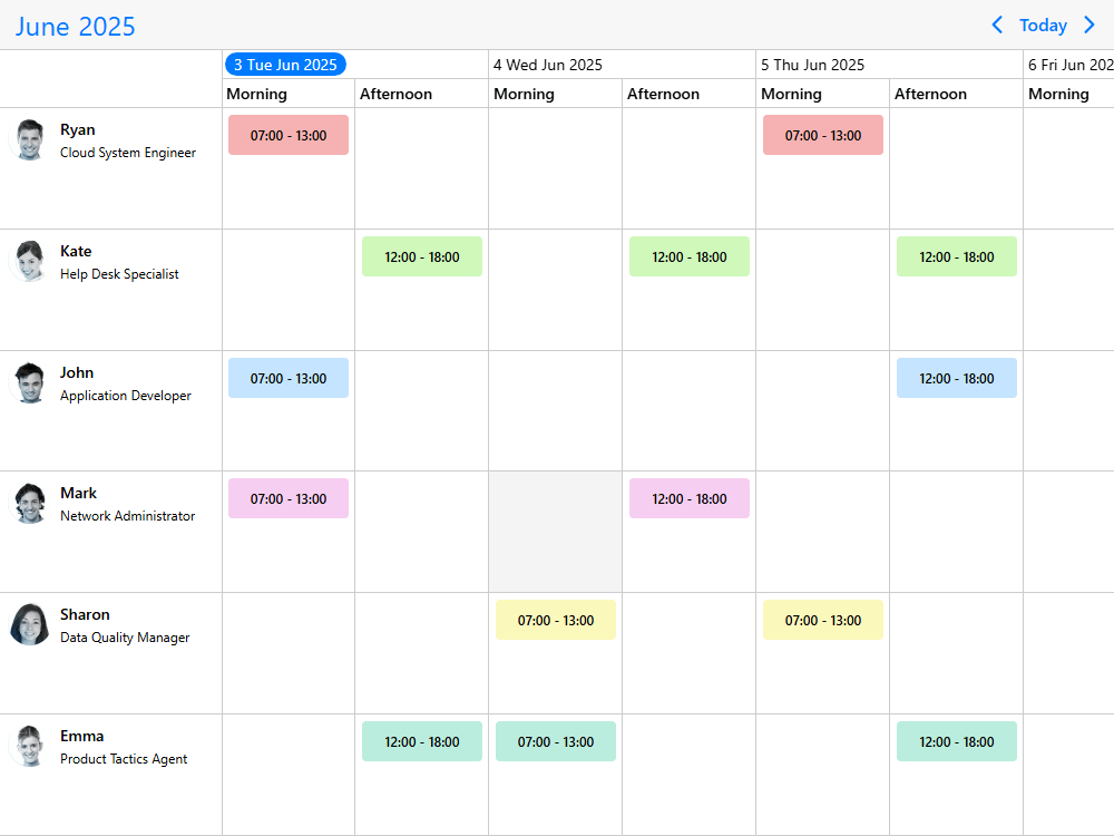 Mobiscroll Timeline Employee shift/rota planning Event calendar timeline used for employee shift planning, staffing & rota templates. Combine with different features.