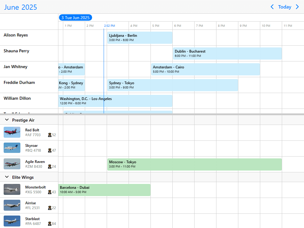 Mobiscroll Timeline Flight scheduling with two timelines Timeline for scheduling flights. Render two synchronized timelines with drag & drop between instances, advanced validation and visual feedback.