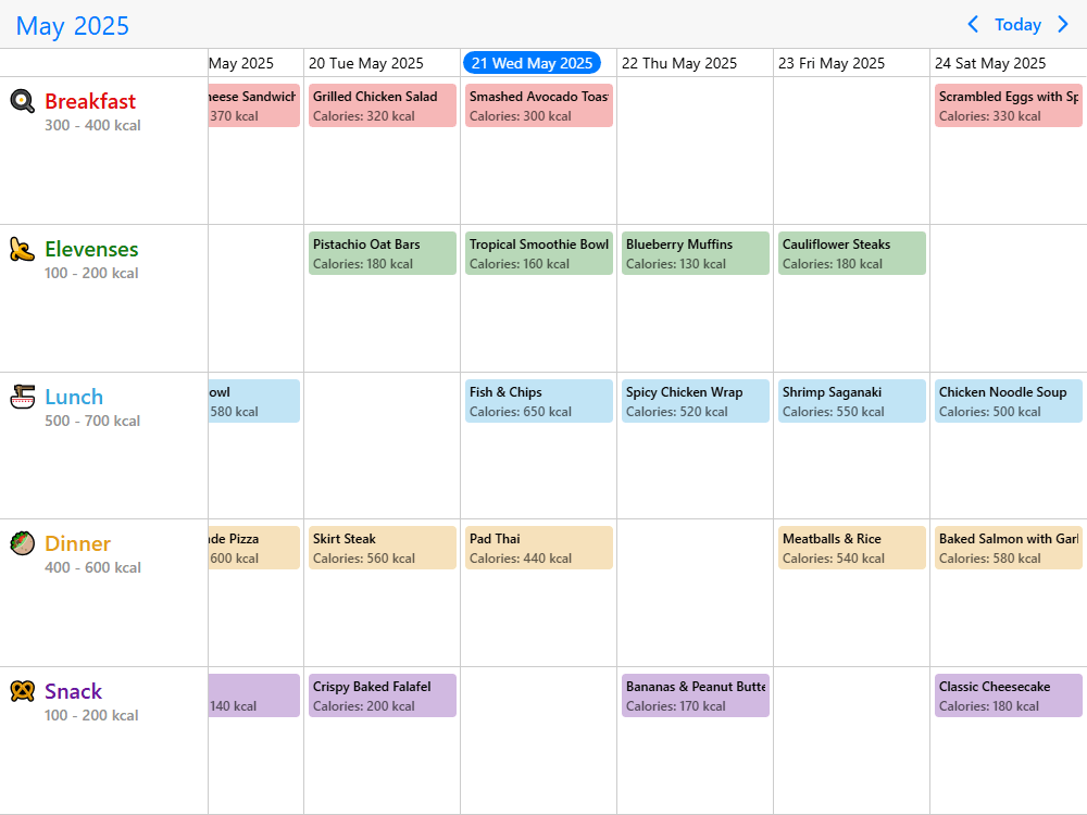 Mobiscroll Timeline Weekly meal planner Weekly meal planner UI with multiple meals (breakfast, lunch, dinner ...), custom add/edit popup and templating.
