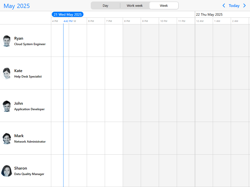 Mobiscroll Timeline Day, week, work week Event calendar timeline with resources and day, week, work-week views. Dynamically change the views and resolution.