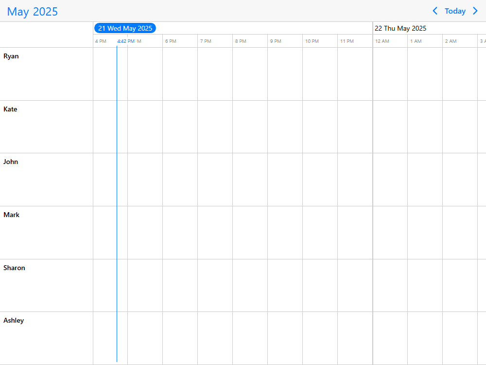 Mobiscroll Timeline Timeline vs time grid Compare event calendar with time grid and timeline layout. Support multiple resources laid out vertically or horizontally.